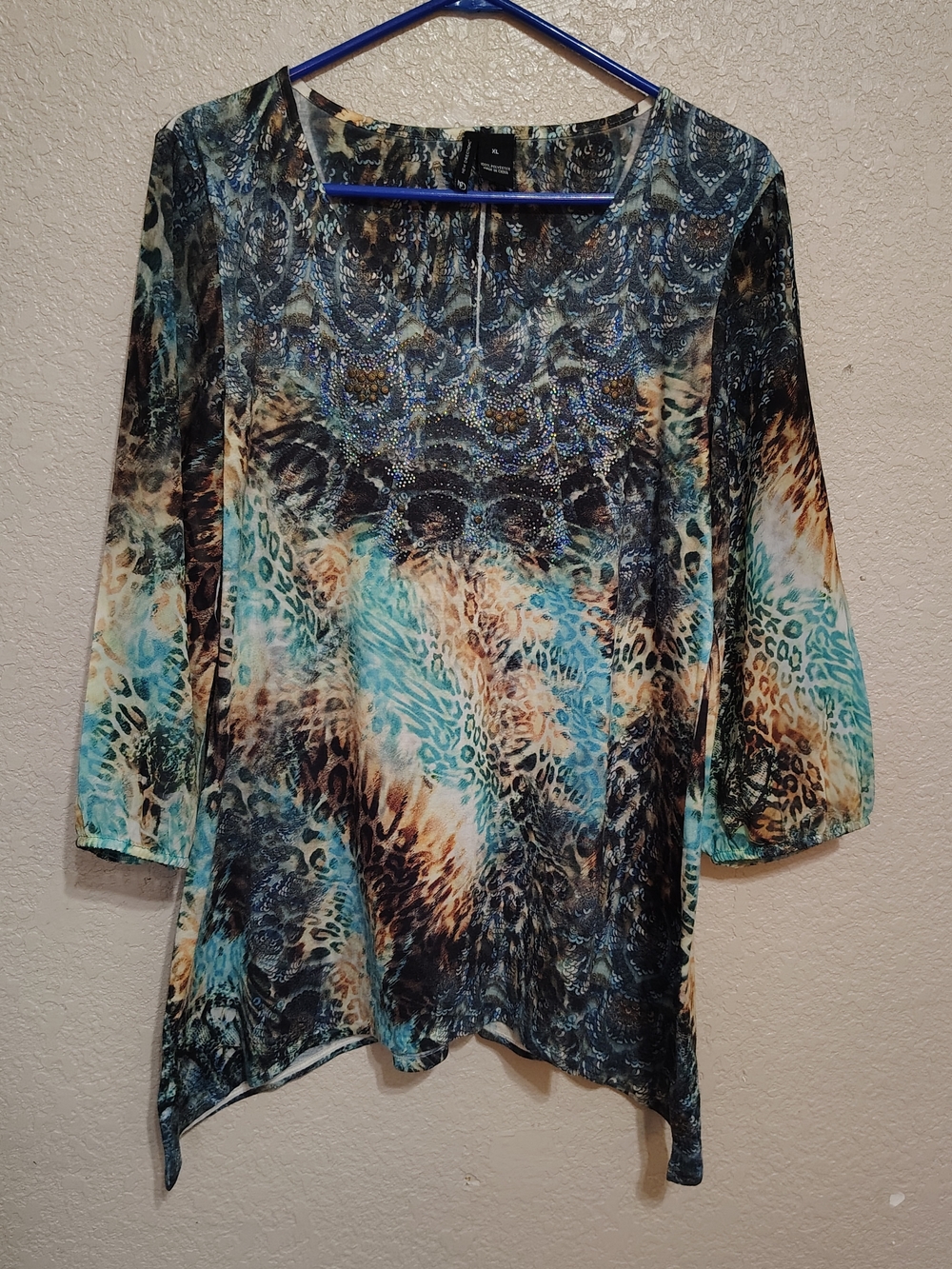 new directions Teal, Brown and Cream Animal-Print Tunic Top